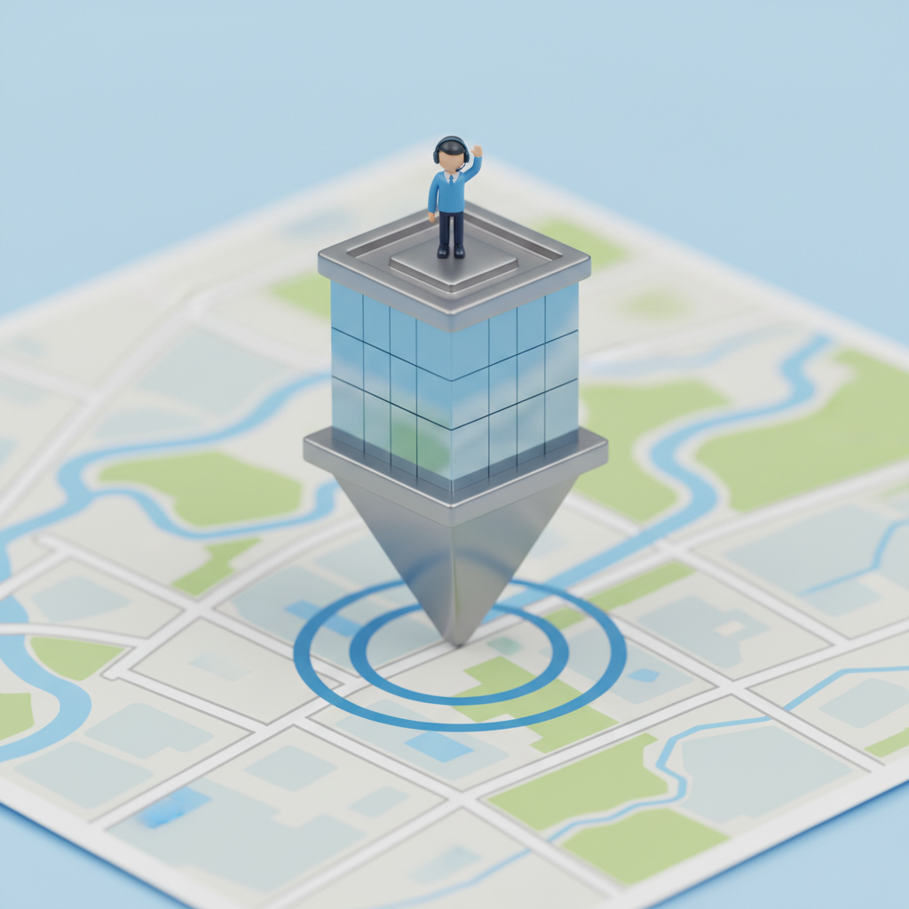 3D map pin on a map, office building exterior, customer support agent waving, location marker
