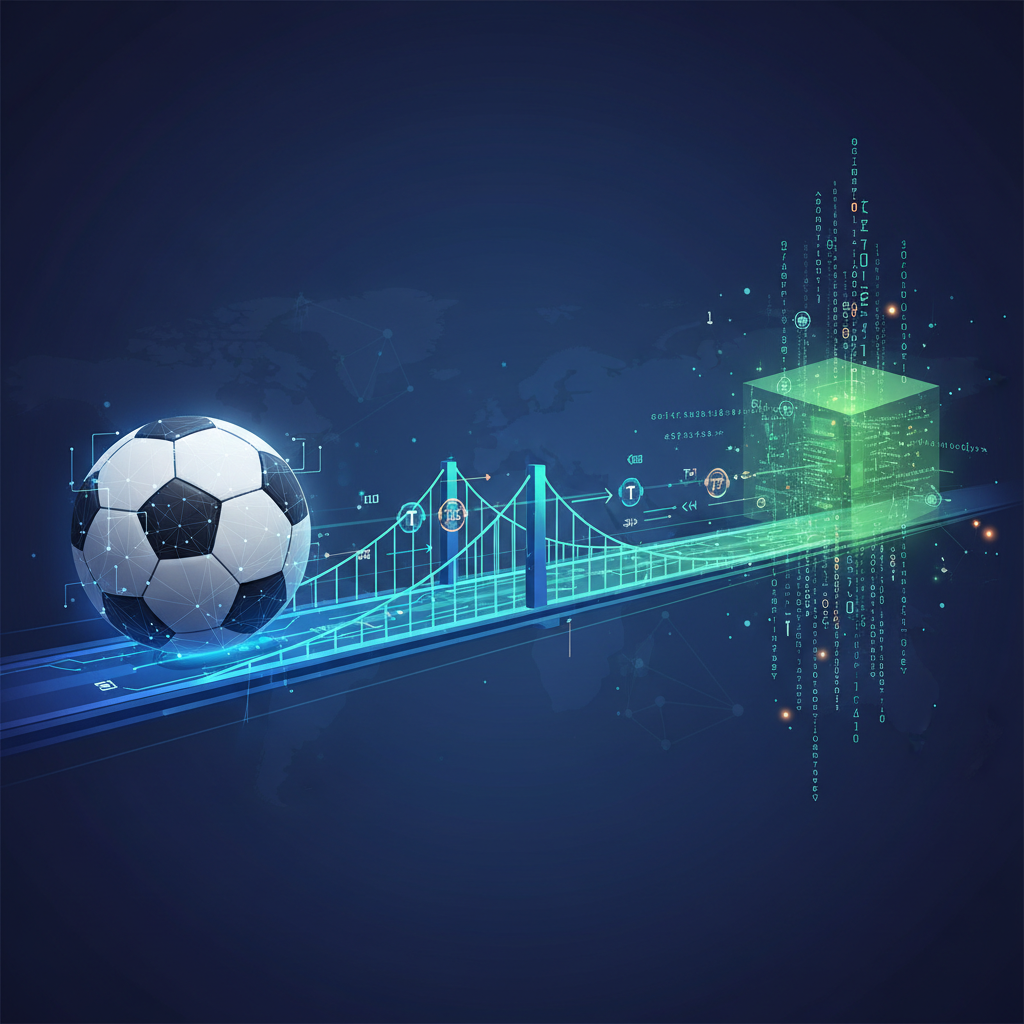 illustration of a bridge connecting a soccer ball and computer code, conceptual, translator role