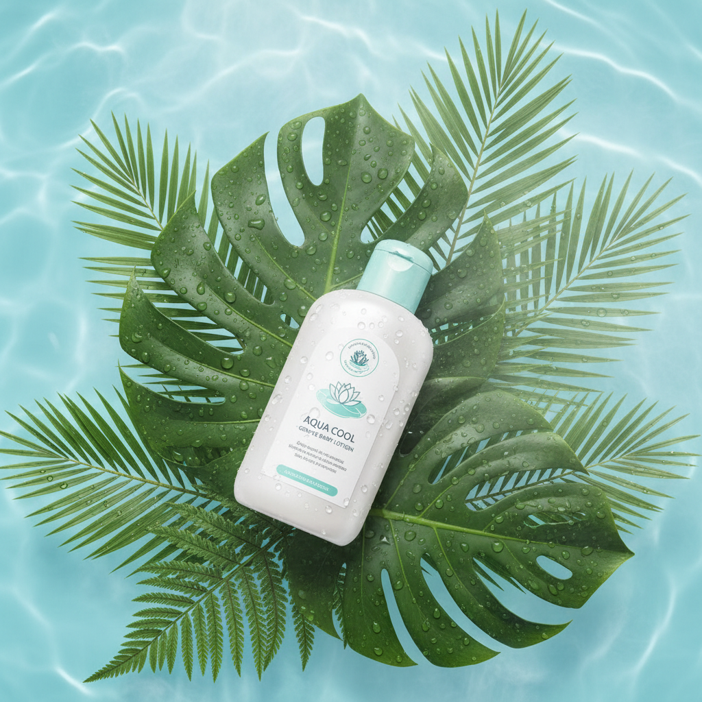 Generative image of baby skincare product bottle surrounded by tropical leaves and water drops, fresh, cool cooling sensation, product photography style