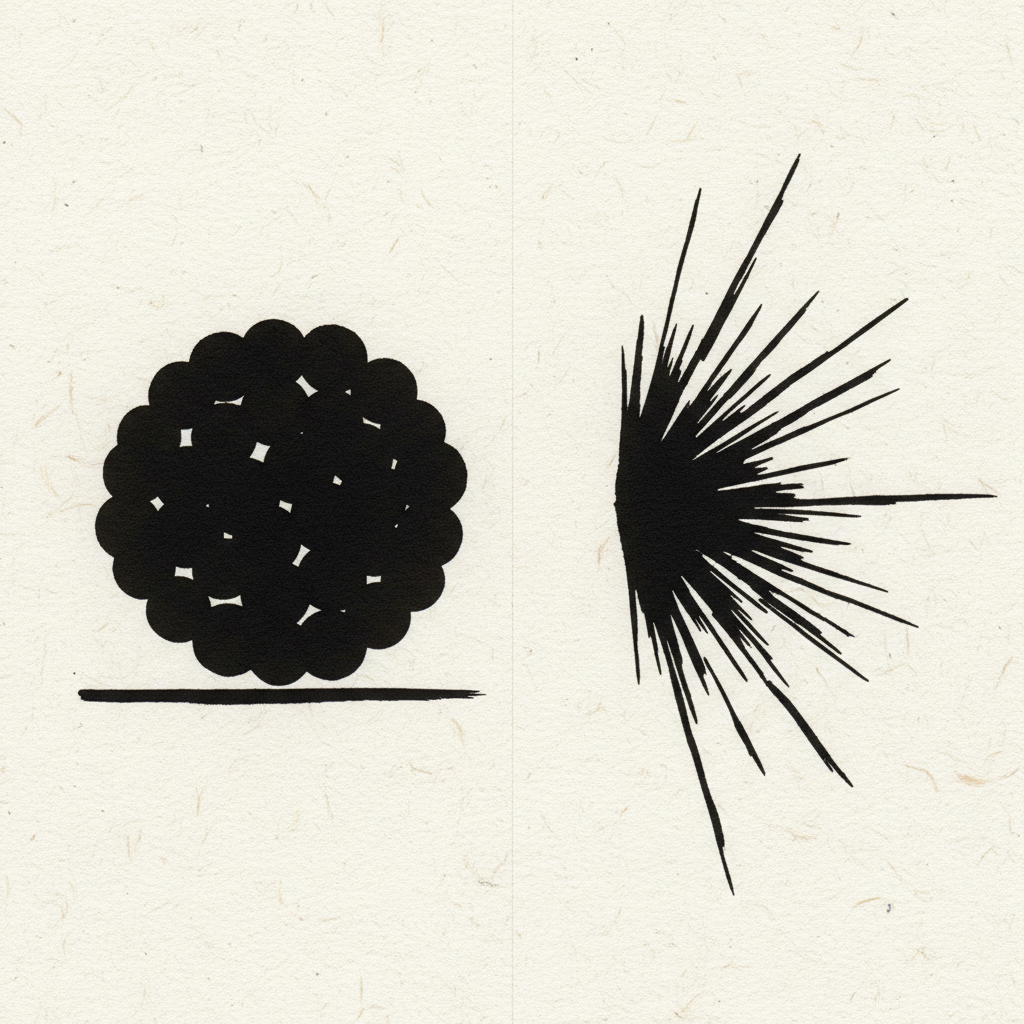 abstract comparison of balance and asymmetry, black ink strokes on textured paper, minimal art style, design theory visualization