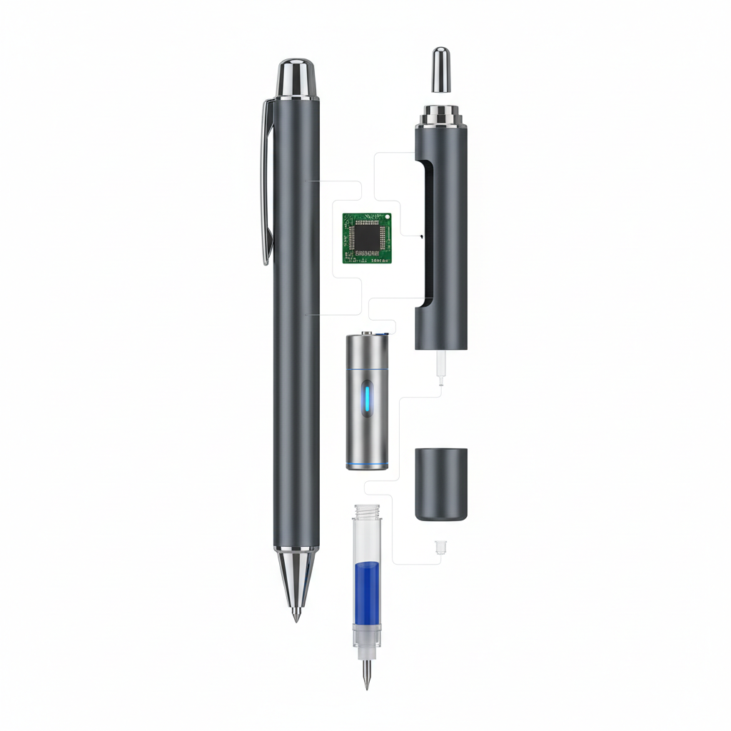 exploded view diagram of a high-tech smart pen showing internal microphone chip, battery, and ink cartridge, clean white background, 3d render, product design