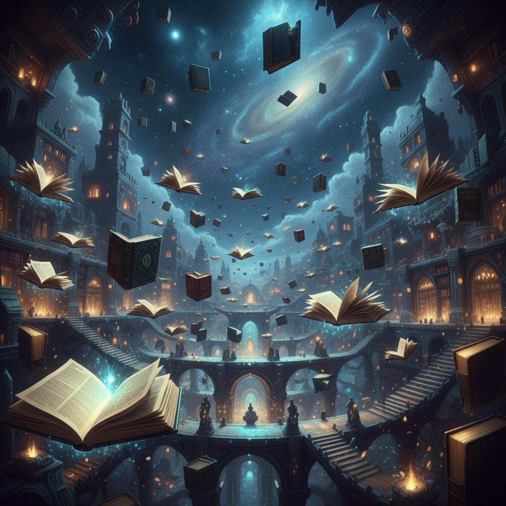 A limitless library with floating glowing books in a surreal infinite space, symbolizing stored knowledge, cinematic lighting, mysterious atmosphere.