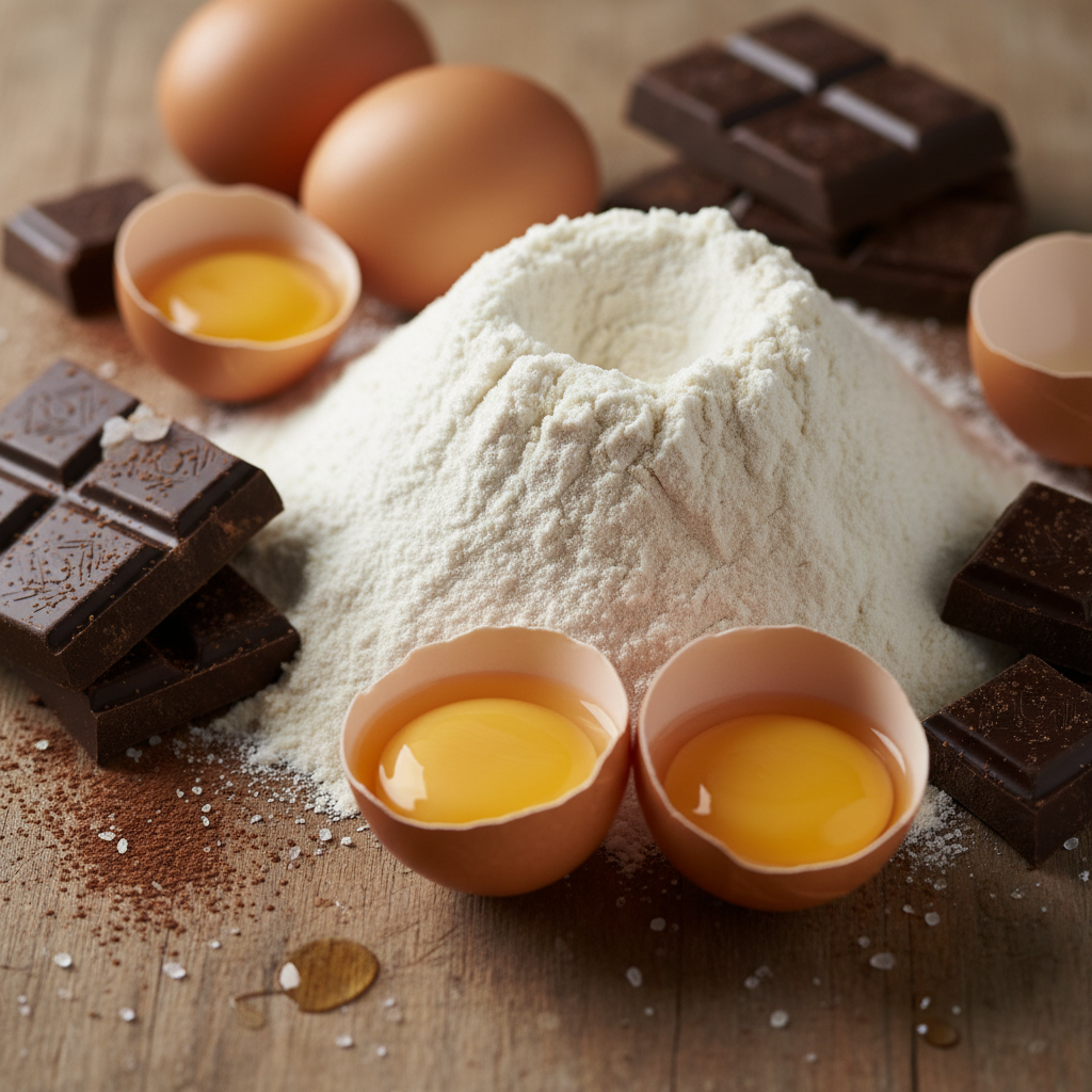 Macro shot of fresh baking ingredients, eggs, flour mound, chocolate chunks, high aesthetic quality