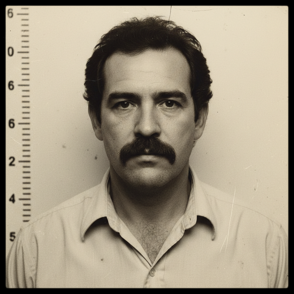 Pablo Escobar mugshot style, 1980s vintage, mustache, serious expression
