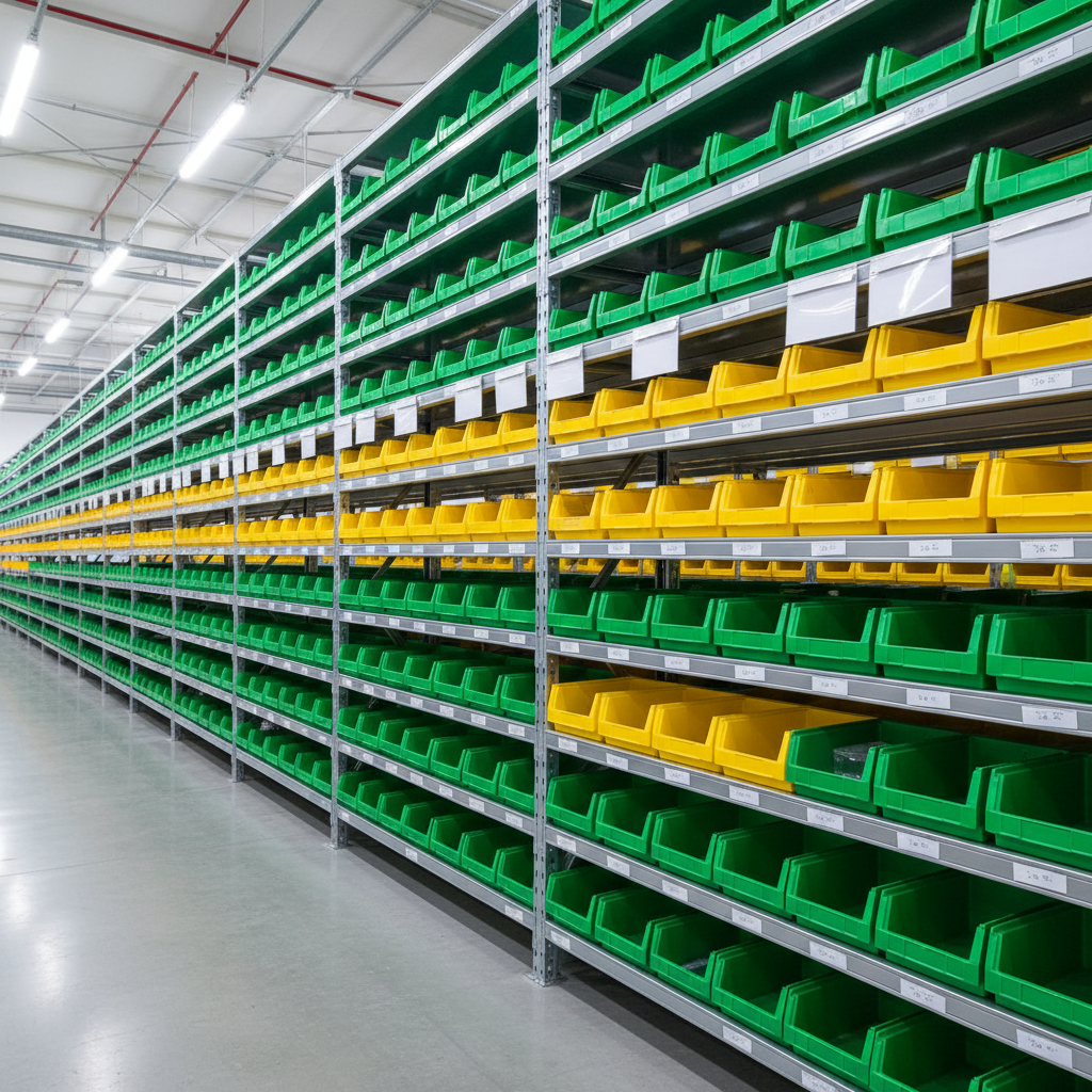 Warehouse shelves with green and yellow bins perfectly aligned, industrial kanban system, labeling, clean factory logistics