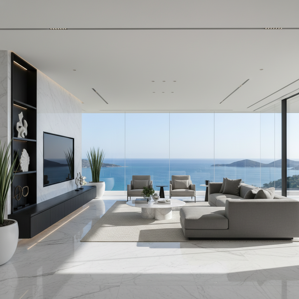 Modern luxury villa interior, minimalist, marble floors, ocean view, photorealistic