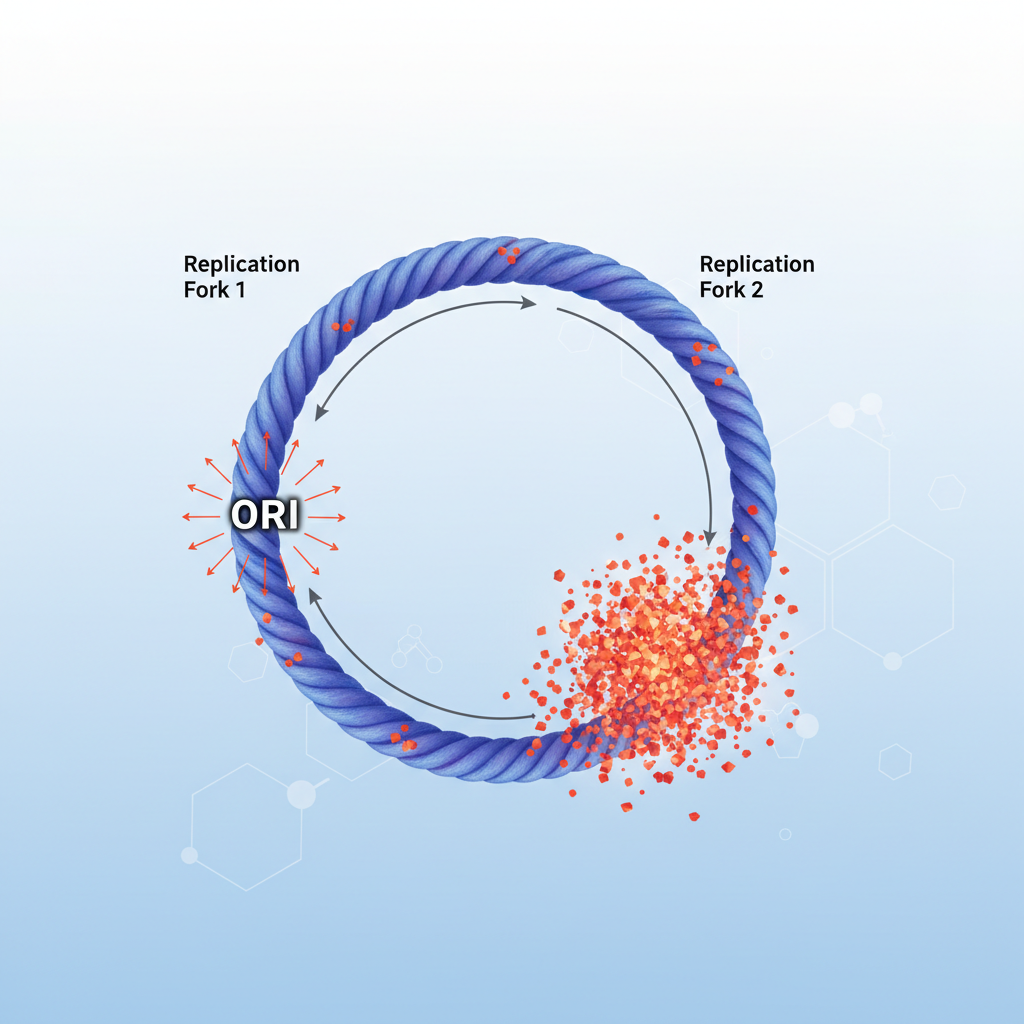 Diagram of bacterial circular chromosome with a dense cluster of binding sites near the origin, scientific illustration