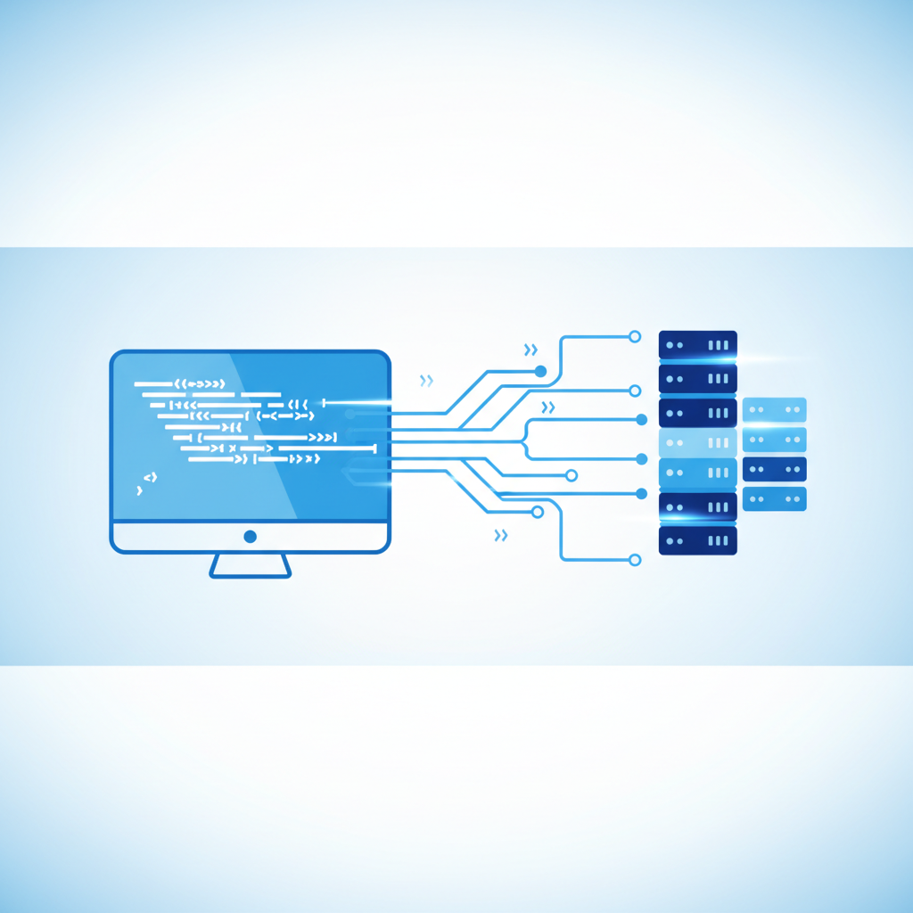 Minimalist graphic illustration of source code on a computer screen connecting to server icons blue and white style