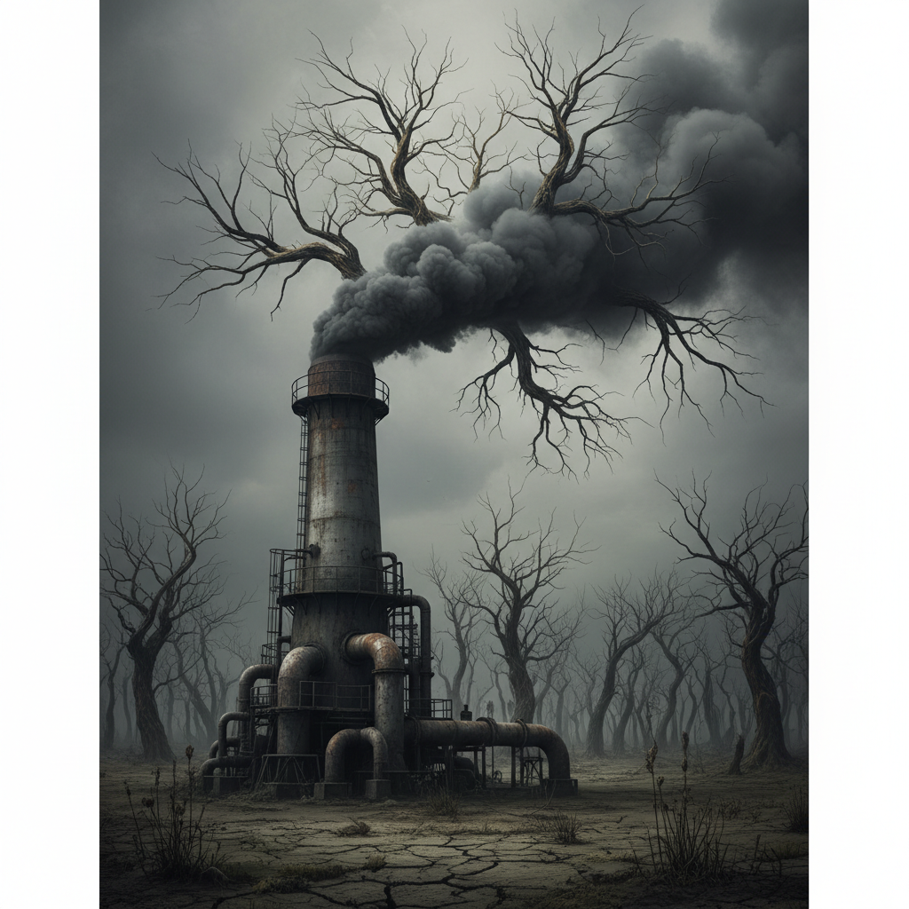 Conceptual image of environmental pollution from coal, stylized smoke stack clouds transforming into withered trees, contrast between industrial grey and dying nature, moody.