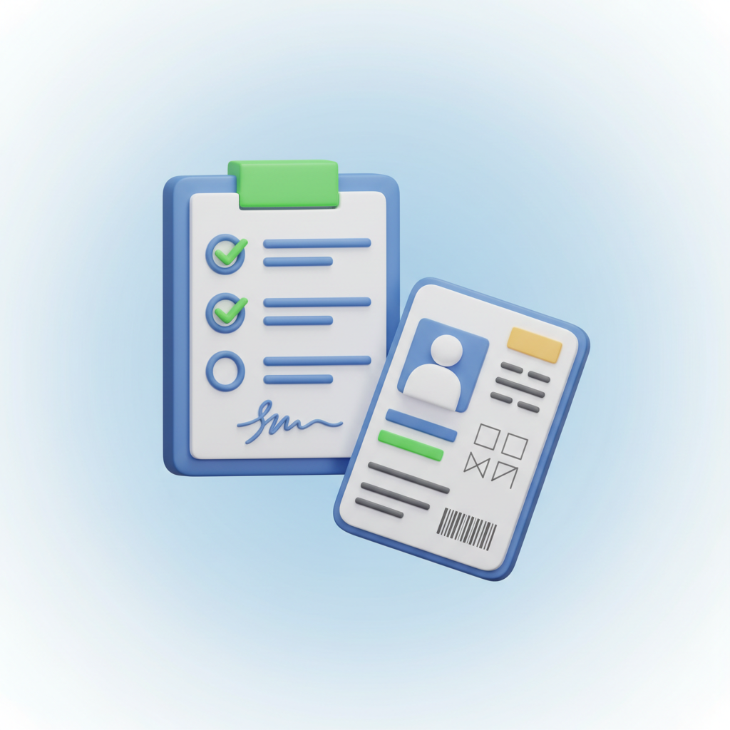 3D illustration of document checklist, Aadhaar card with photo