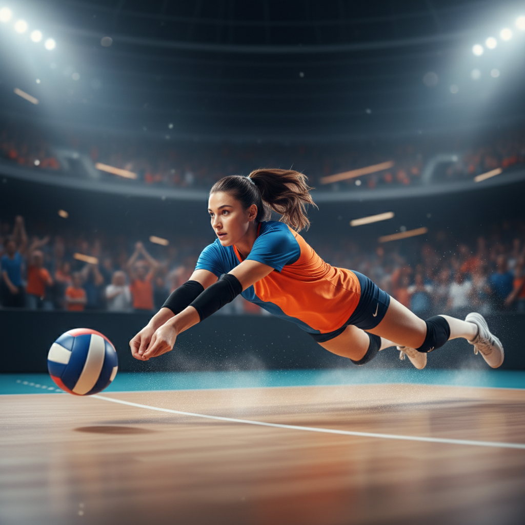 Volleyball player in a contrasting color libero functional jersey diving for a ball, blurred stadium background, action shot