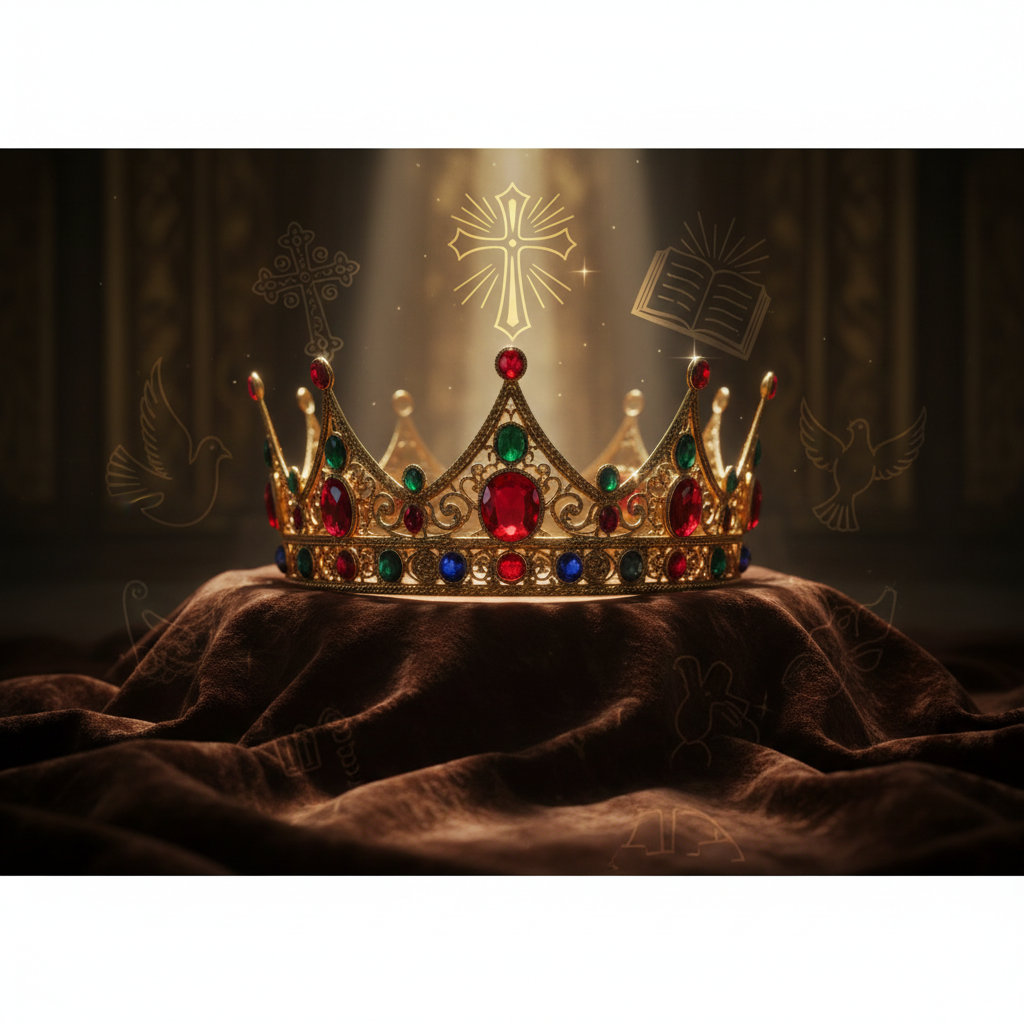 A majestic golden crown resting on a dark brown velvet cloth, cinematic lighting, religious symbolism, 8k resolution, elegant atmosphere
