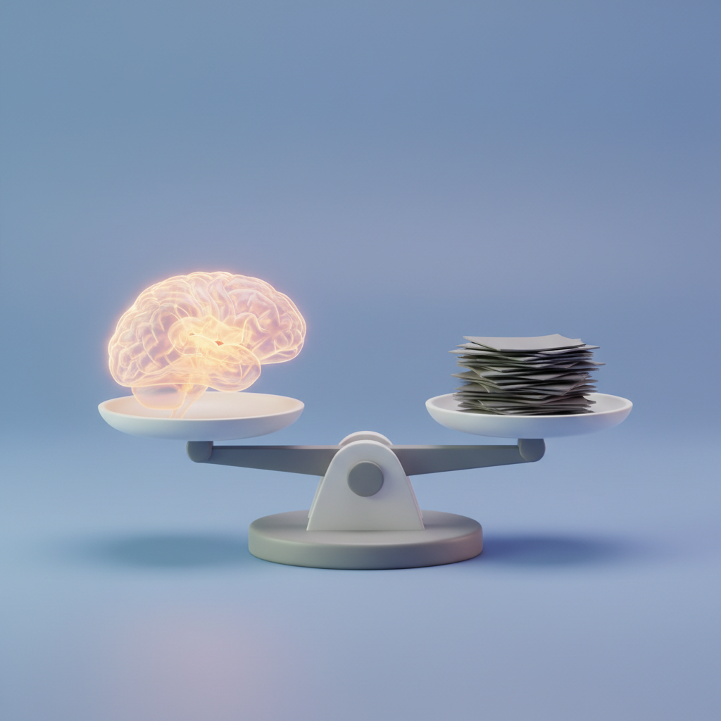 A conceptual illustration of a balance scale, one side holding a glowing brain (strengths) and the other holding a small stack of papers (weaknesses), 3d render, minimal style