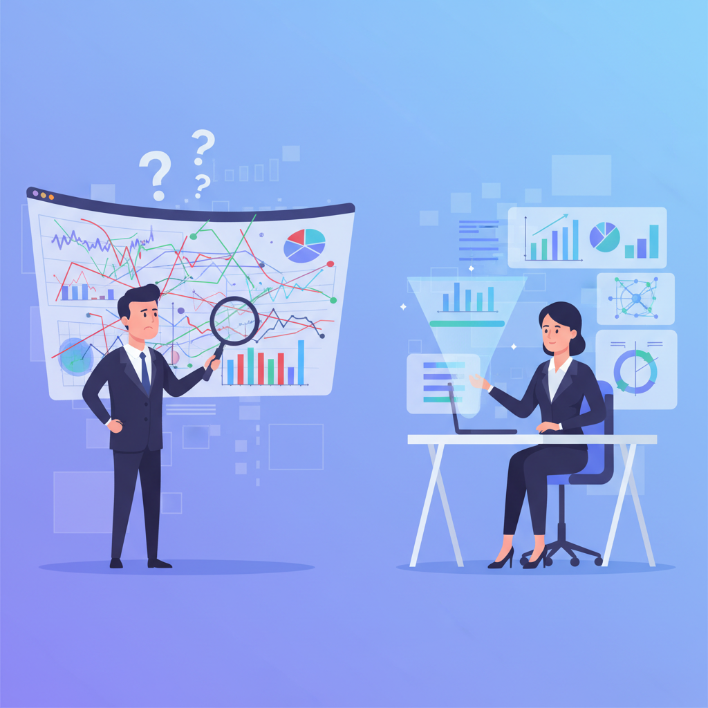 Analytic illustration showing a confused investor looking at stock charts versus a professional analyst effectively managing data, simplified vector style
