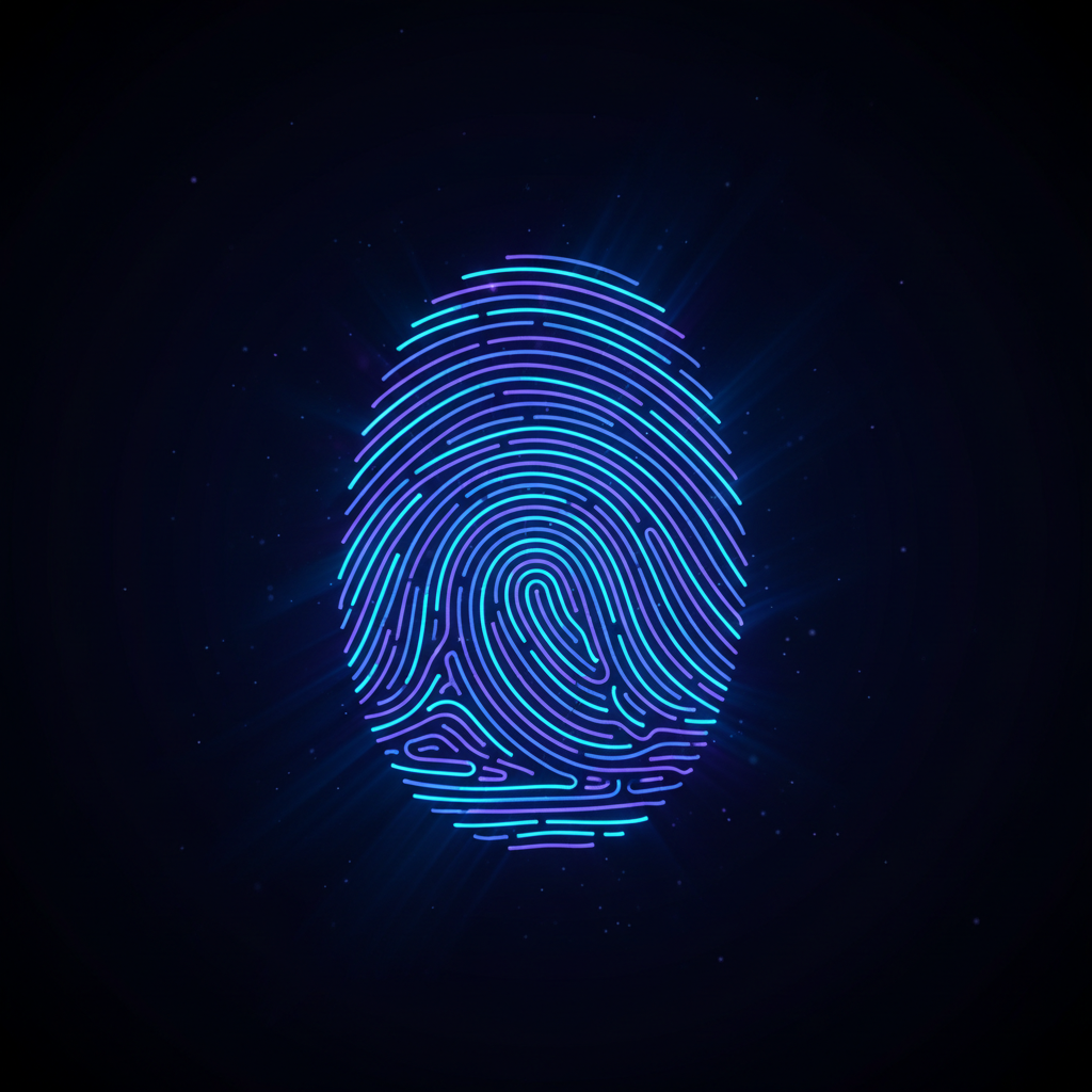 Abstract representation of a digital fingerprint glowing in neon blue and violet against a dark background, representing unique brand identity, 8k resolution, cinematic lighting