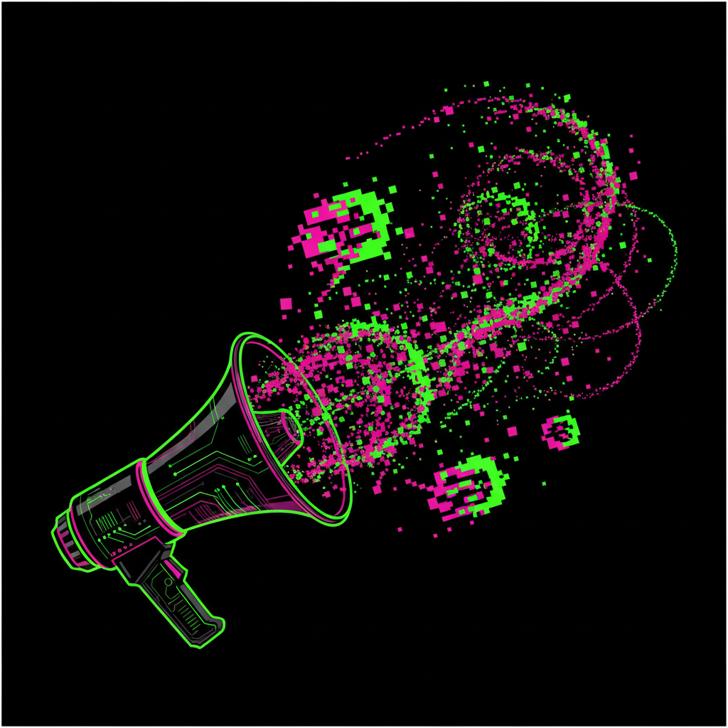 Artistic illustration of a megaphone emitting pixelated, glitched speech bubbles, matrix style, cyber aesthetic, black background with neon green and pink