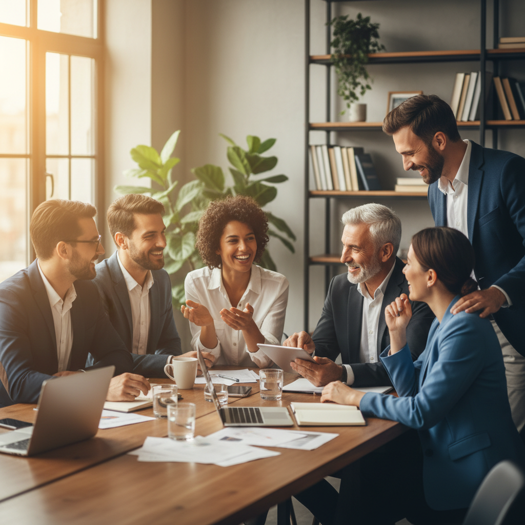 Cinematic photography of a diverse corporate team working together around a table, warm natural lighting, smiling faces, professional but relaxed environment, symbolizing human connection