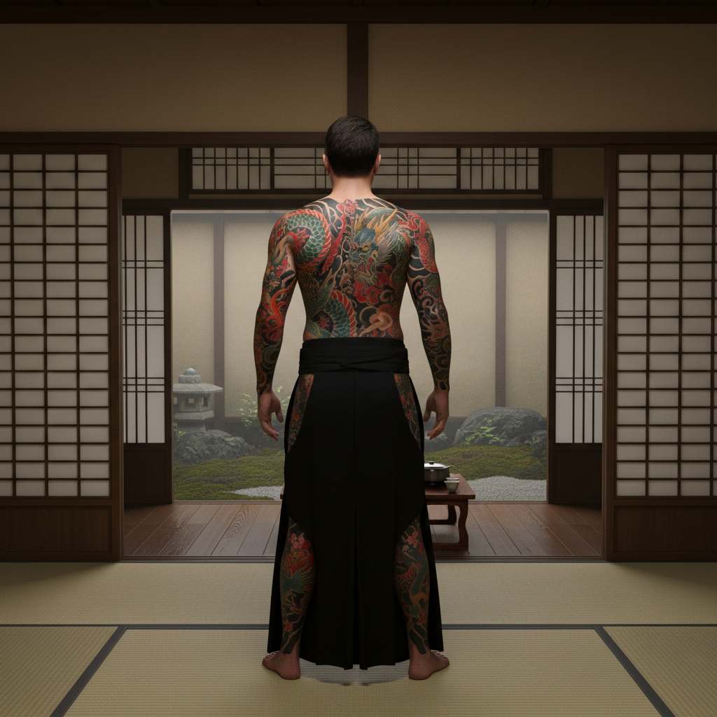 Back view of a Yakuza member with full body colorful tattoos, traditional japanese room