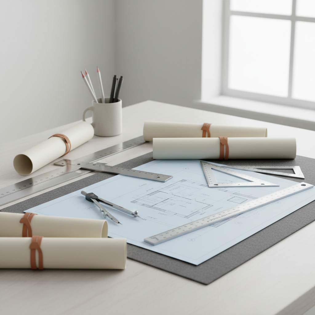 clean minimal desk workspace with architectural tools, rolled blueprints, and a scale ruler, high key lighting