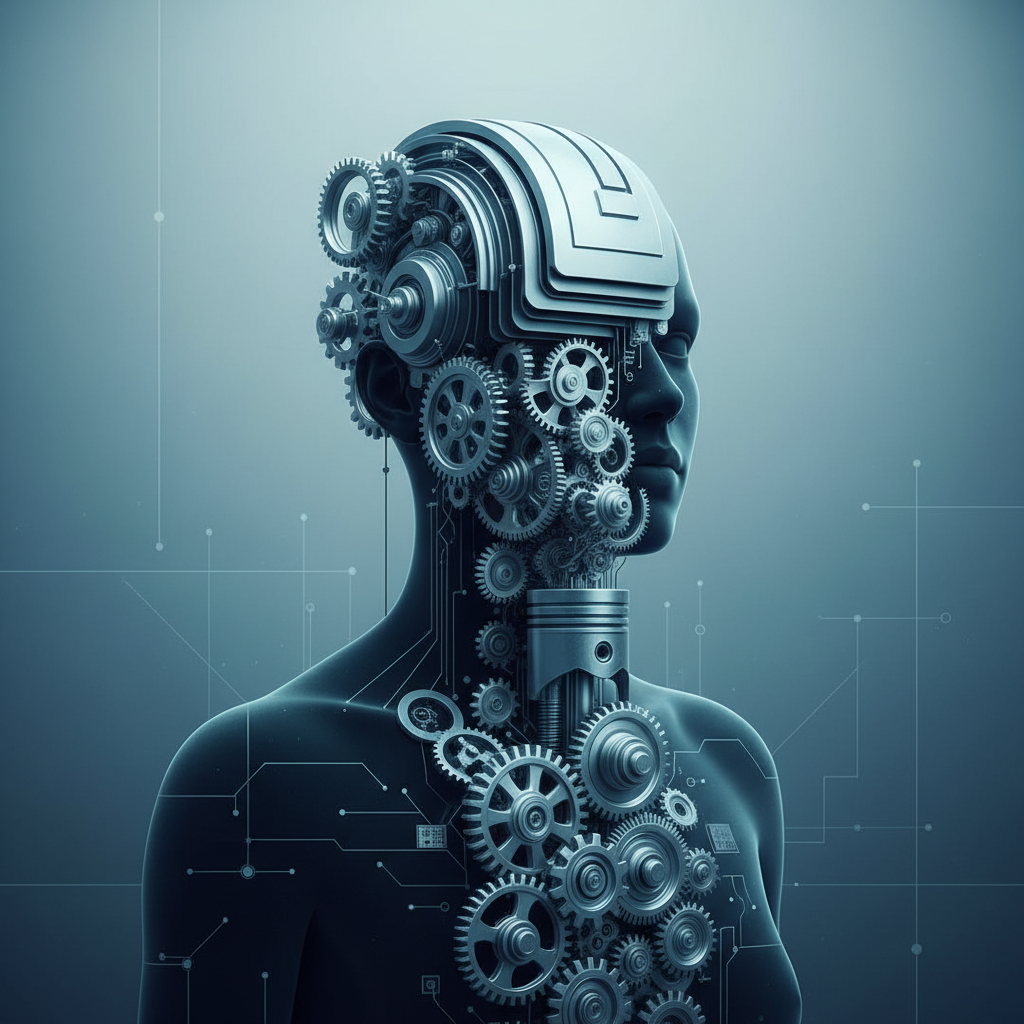 Surreal conceptual art, a human silhouette merging with metal gear cogs led into a machine, cool tones, metaphor for industrialization of people, minimal style