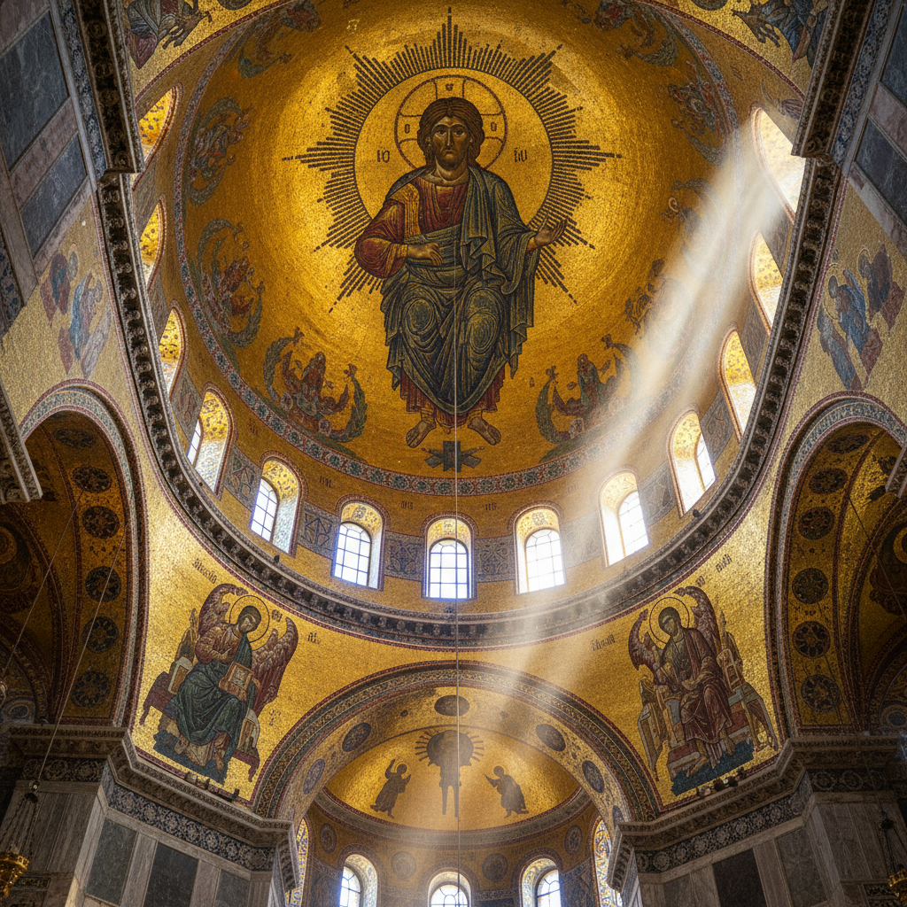 Looking straight up into a magnificent Byzantine dome interior, golden mosaics, pantocrator in center (abstracted), arched windows at the base of the dome, shaft of light, photorealistic