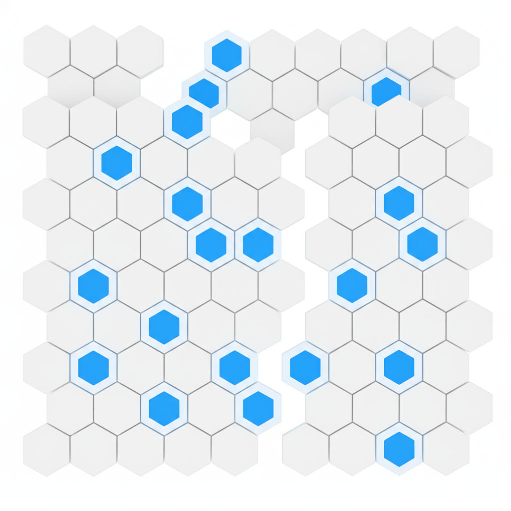Abstract schematic diagram of a biological cell grid. A pattern of hexagonal cells packed together like a honeycomb. Some cells are highlighted in bright electric blue (leaders), surrounded by plain white cells. CRITICAL: The blue cells are spaced out perfectly—NO two blue cells touch each other. Every blue cell is completely surrounded by white cells. Clean, minimalist vector art style, high contrast, easy to understand.