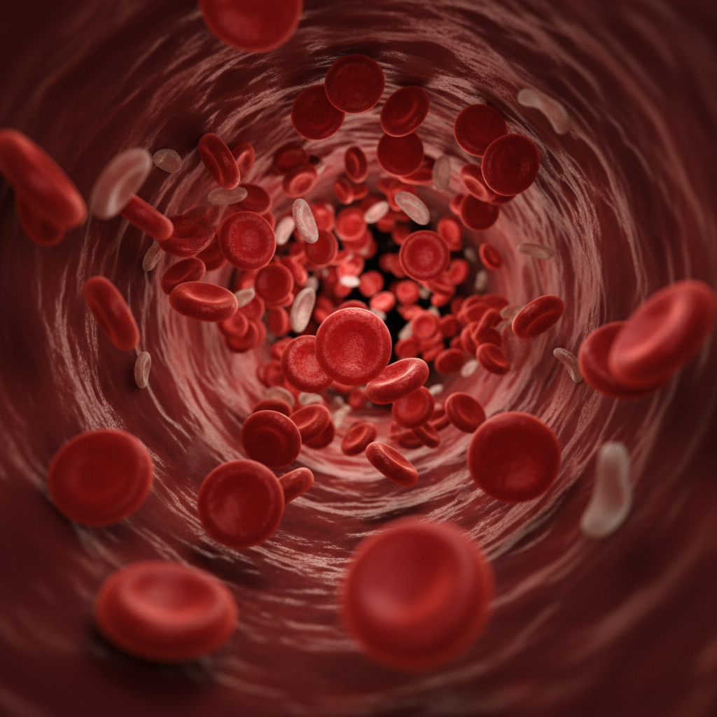 Cinematic 3D scientific illustration of red blood cells flowing through an artery, high detail, medical style, dark red tones, depth of field