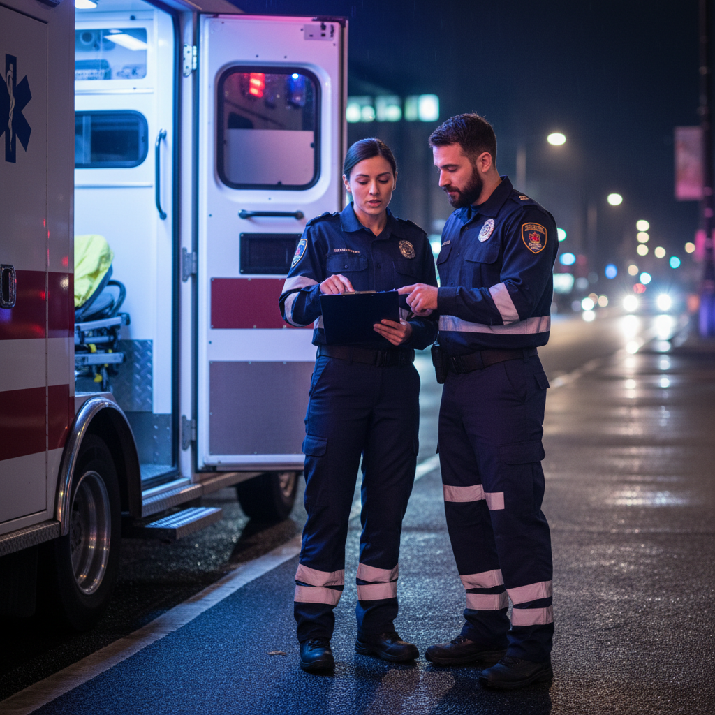 Two paramedics standing next to an ambulance at night, one pointing at a clipboard explaining something to the other, professional, wearing dark uniforms with reflective stripes, depth of field