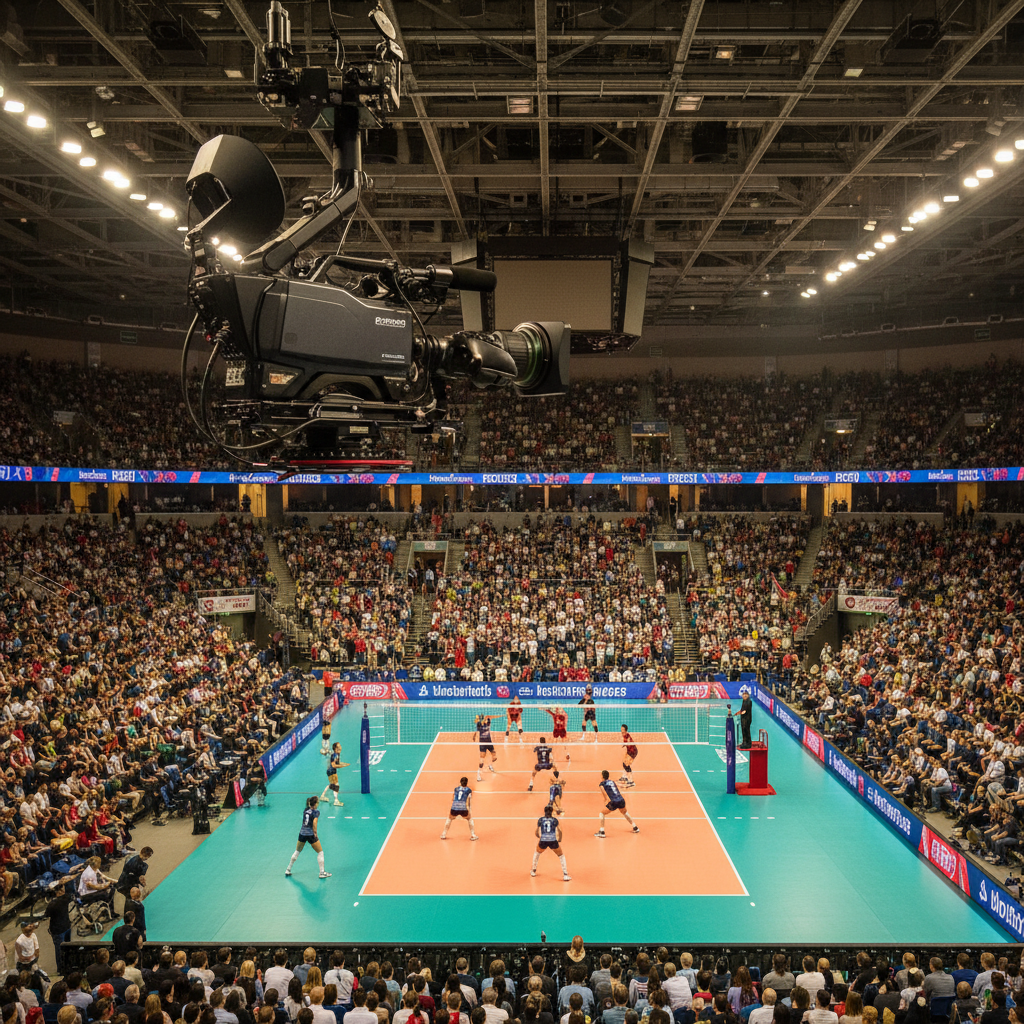 TV camera filming a volleyball match from a high angle, capturing the scale of the audience and the court