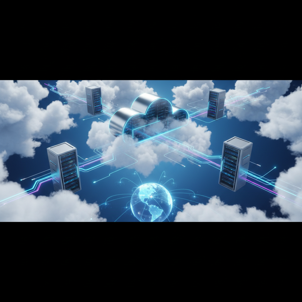 futuristic cloud server illustration, floating server racks in cumulus clouds, digital connections to globe, high tech blue aesthetics