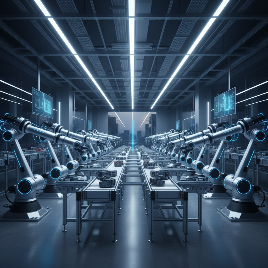 wide angle shot of a modern, clean automated manufacturing facility with robotic arms and conveyor belts, cinematic lighting, corporate blue tones