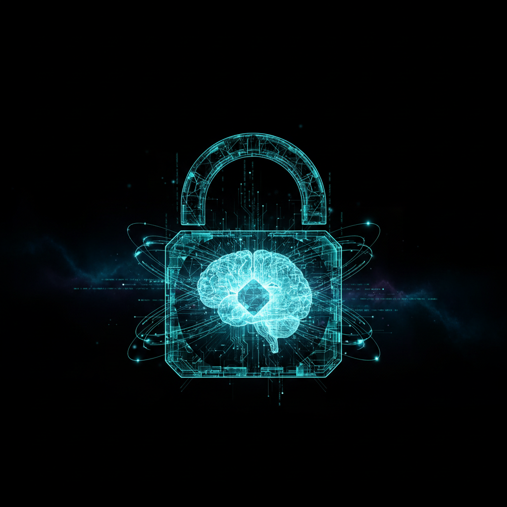 A glowing, highly detailed futuristic digital padlock floating in void space, protecting a glowing artificial brain, teal and black cyber security theme, 8k render.