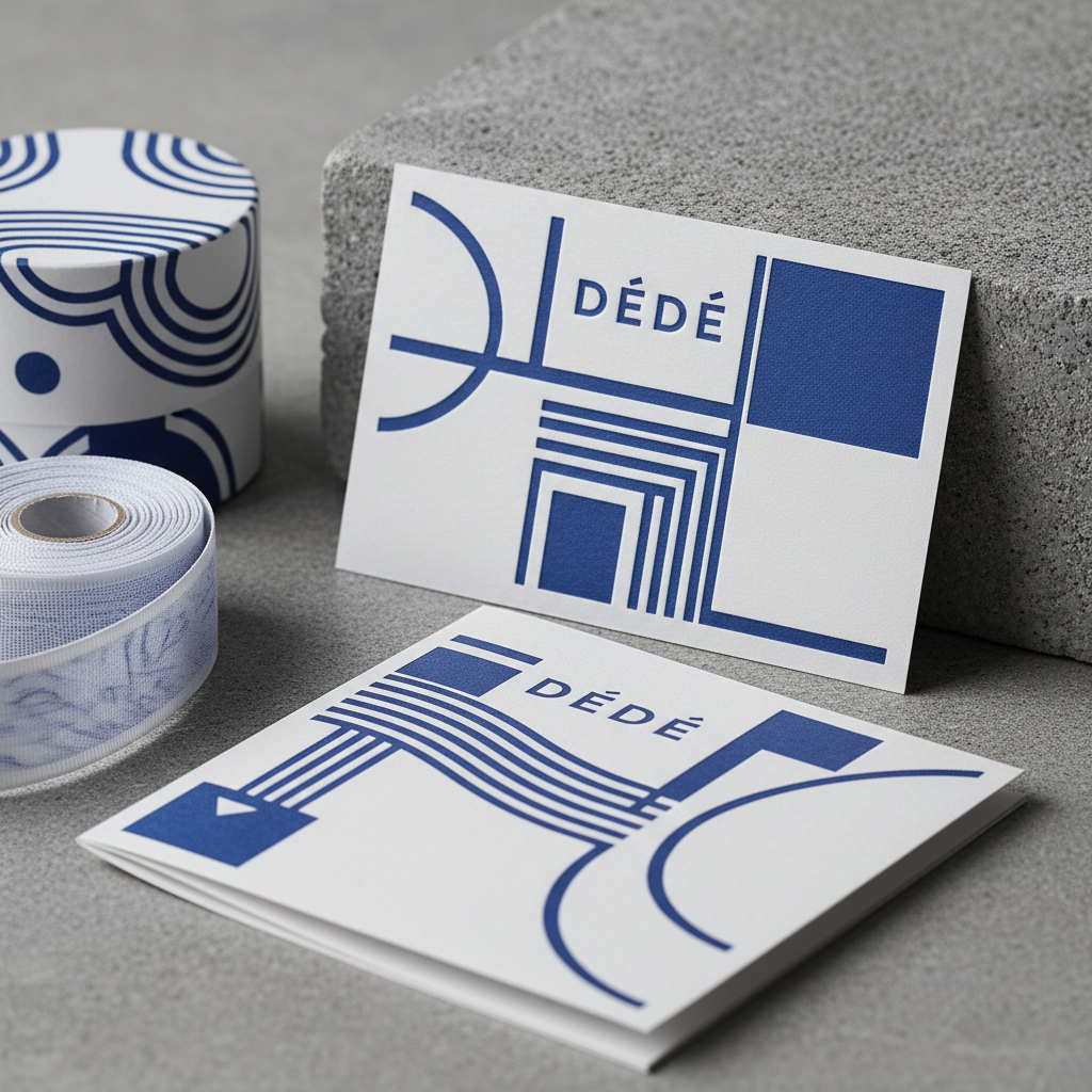 A close up photo of branding materials for DÉDÉ, blue and white color palette, clean typography, premium embossed business card on a stone surface.
