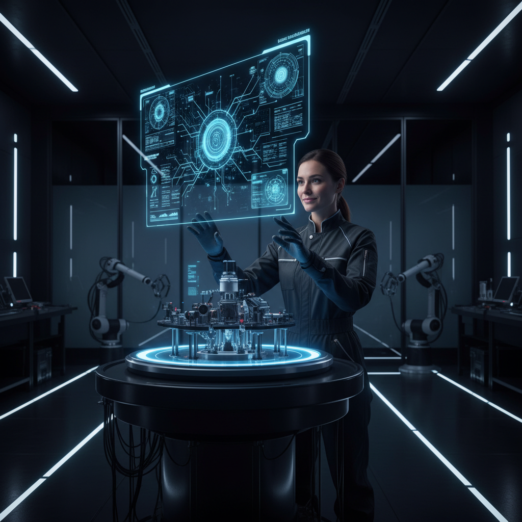 R&D engineer working on a futuristic prototype, glowing blue holographic interface elements, dark clean lab