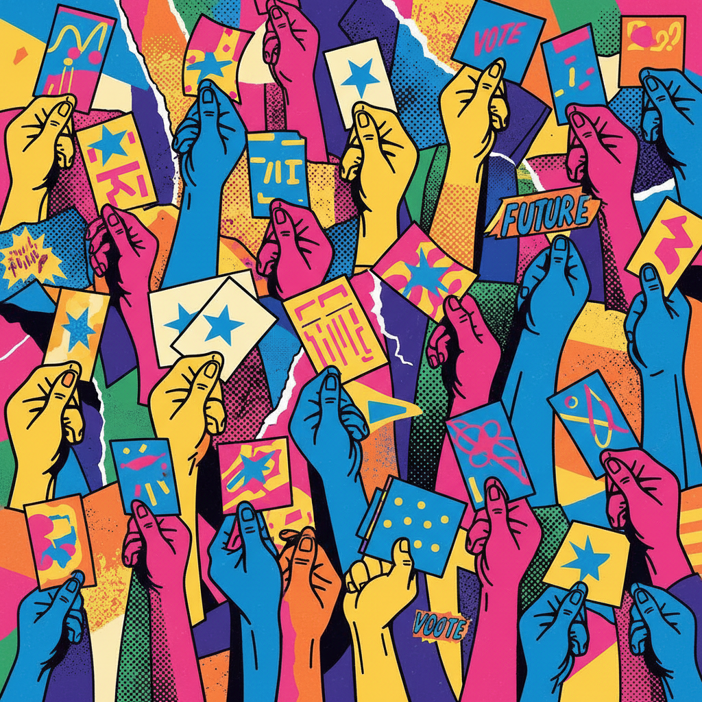 Vibrant pop-art illustration of diverse hands raised in the air holding colorful ballots, high contrast, collage style, blue yellow and pink palette, dynamic angles