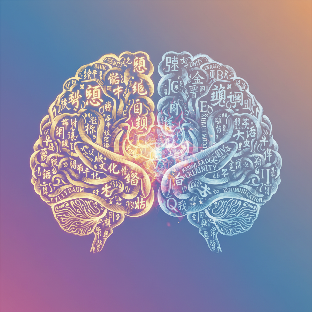 Conceptual illustration of two brain hemispheres, one with Chinese characters and one with English letters merging in the middle