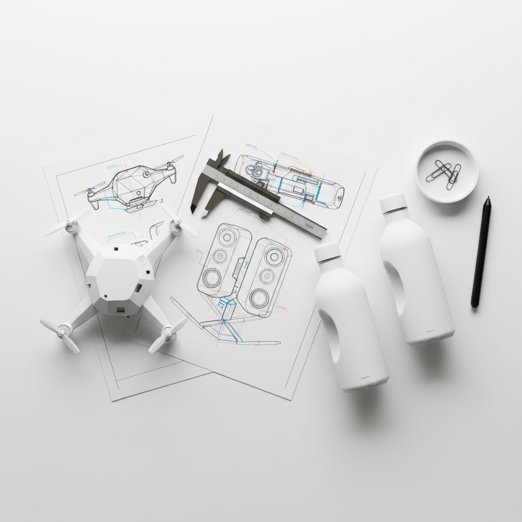 Top down view of a clean white desk with industrial design sketches, calipers, and 3D printed white prototypes, minimal style