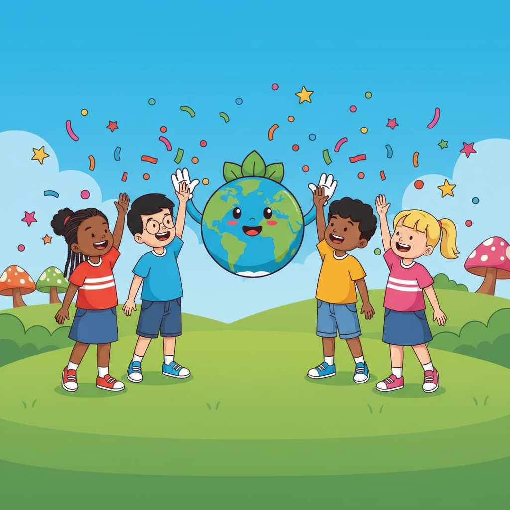 A group of diverse children high-fiving the Earth (which has a cute face), green hills background, celebration confetti, cartoon style