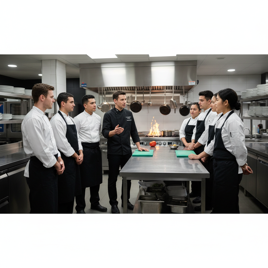 Restaurant team briefing, manager speaking to staff in uniforms, professional kitchen background, serious but positive atmosphere