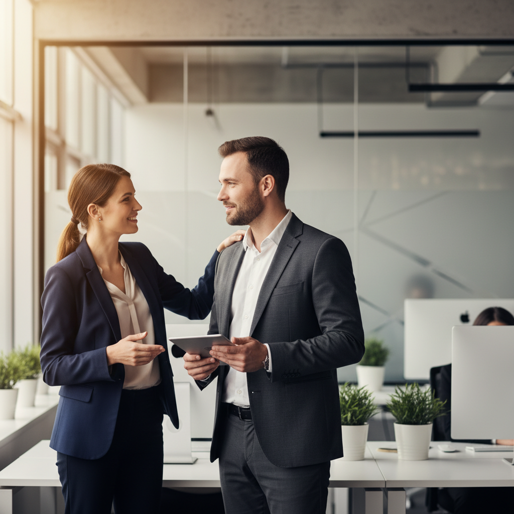 Two professionals in a modern office, one speaking kindly to the other, warm lighting, sincere gestures of support and mentorship, shallow depth of field, corporate setting