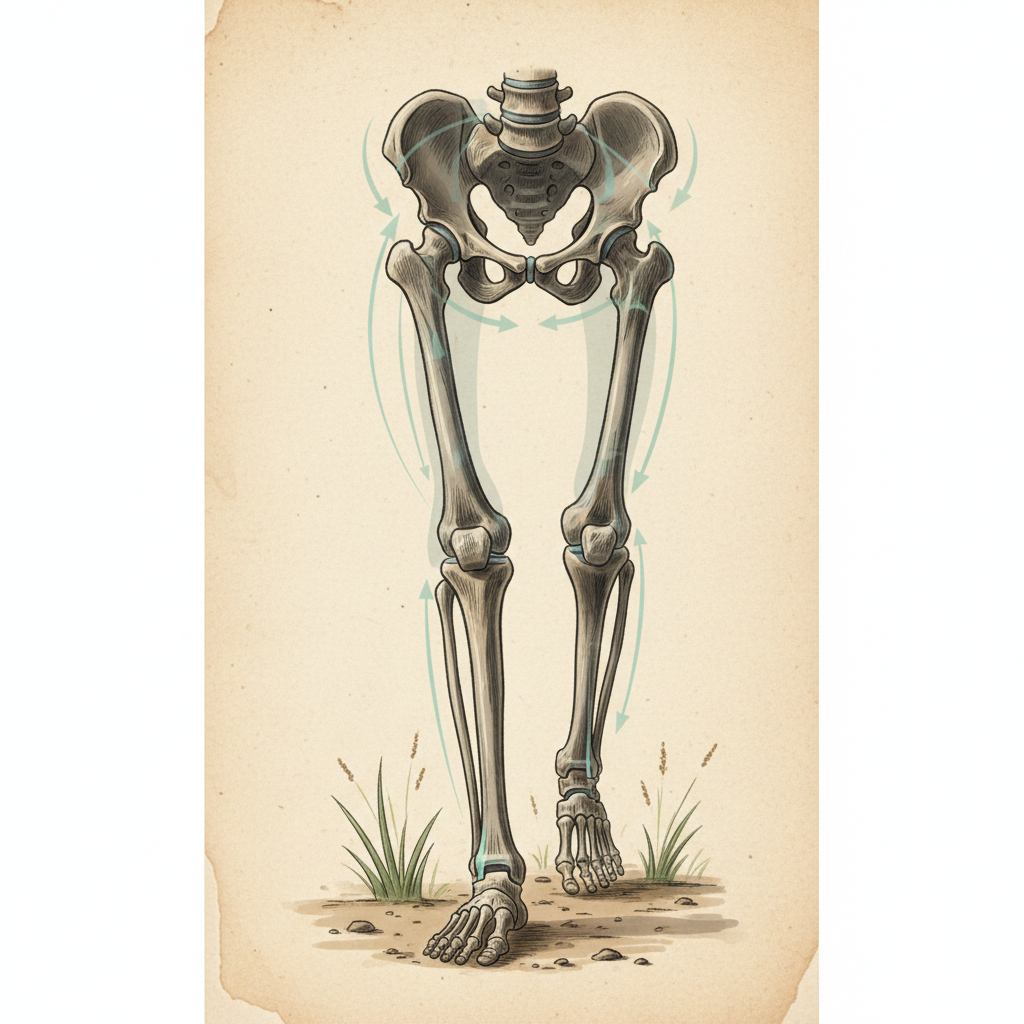 Museum style illustration of early hominin skeletal legs walking on grass, focusing on the mechanics of walking upright, scientific style.