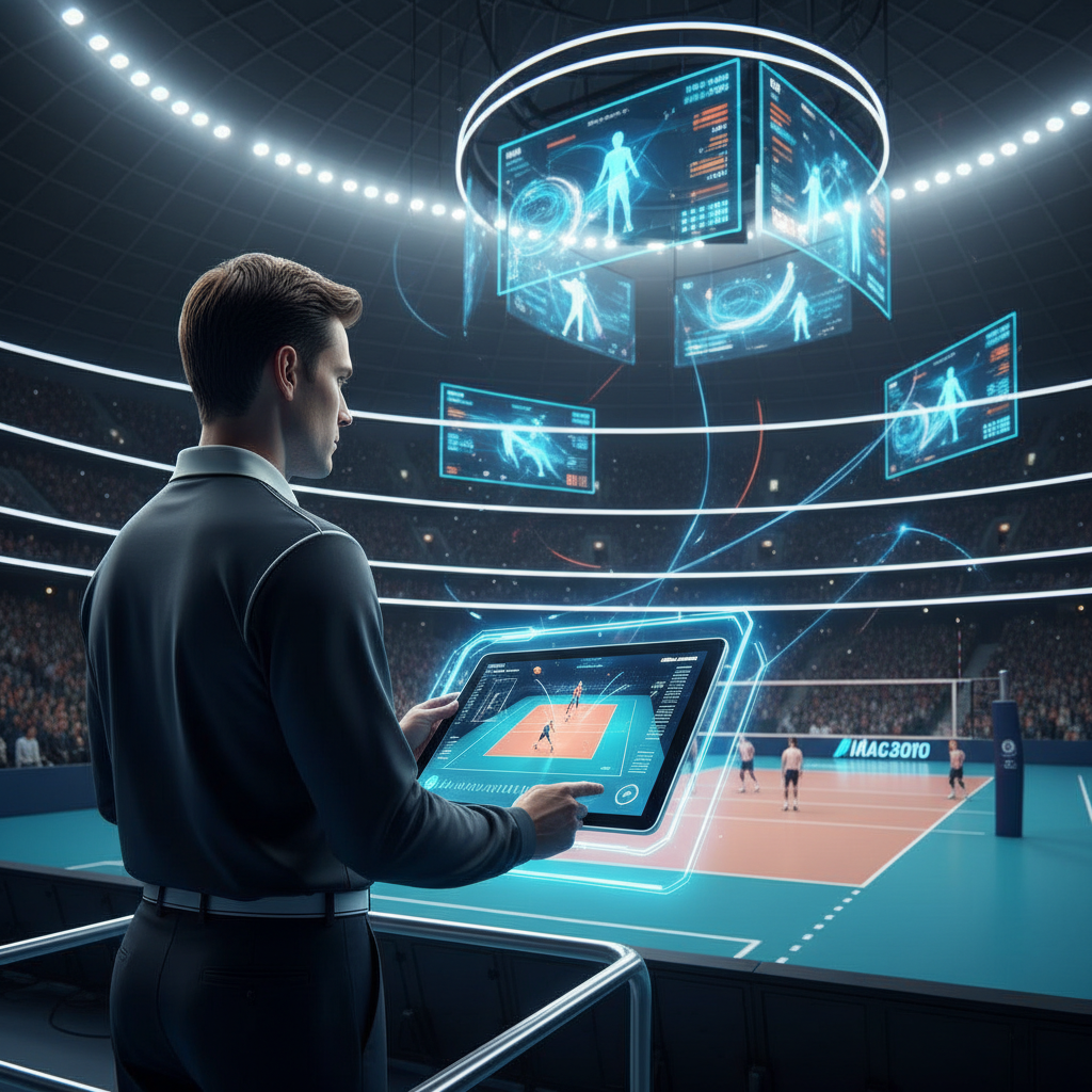 modern volleyball referee analyzing game on a tablet screen, digital sports interface, high tech volleyball match atmosphere