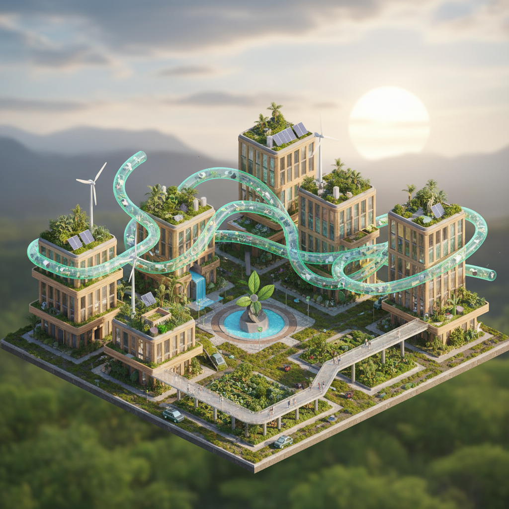 Isometric illustration of a smart eco-city with green roof buildings connected by glowing recycling loops, soft lighting, 3d render