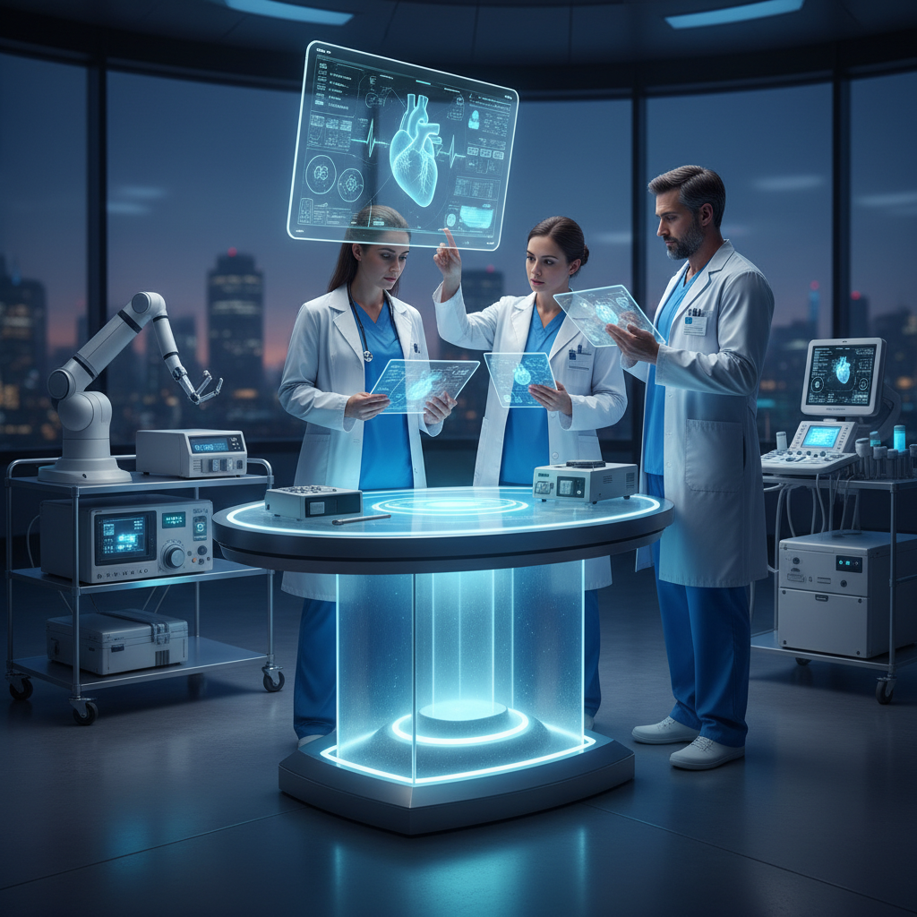 medical professionals in scrubs attending a high-tech training session with digital tablets and medical equipment