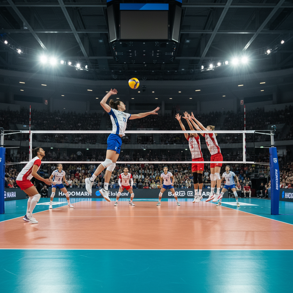 Professional volleyball match indoor arena, dynamic action shot, clear lighting, high resolution, realistic style