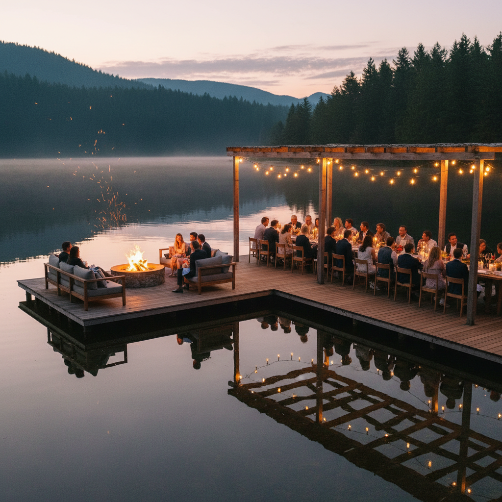 Cinematic shot of a wooden lakeside dining deck at twilight, warm string lights overhead, guests enjoying dinner, a cozy bonfire pit nearby, reflection on the calm lake water, forest backdrop. Cozy, inviting, luxurious atmosphere. Photorealistic 8k.