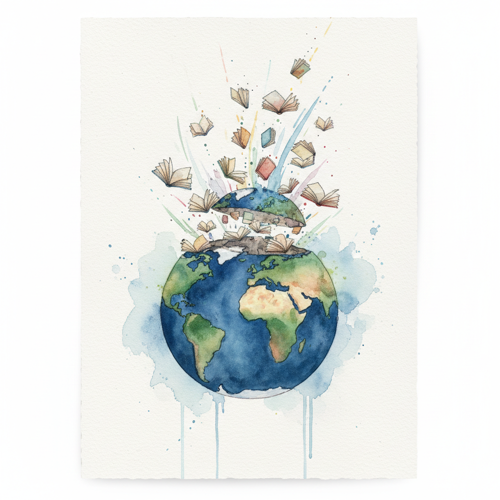 Artistic watercolor illustration of a globe with books flying out of it, white background