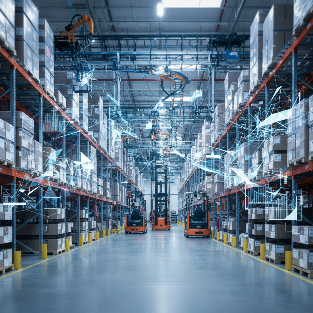 Modern industrial warehouse background, abstract logistic data visualization, clean blue and white tones, depth of field