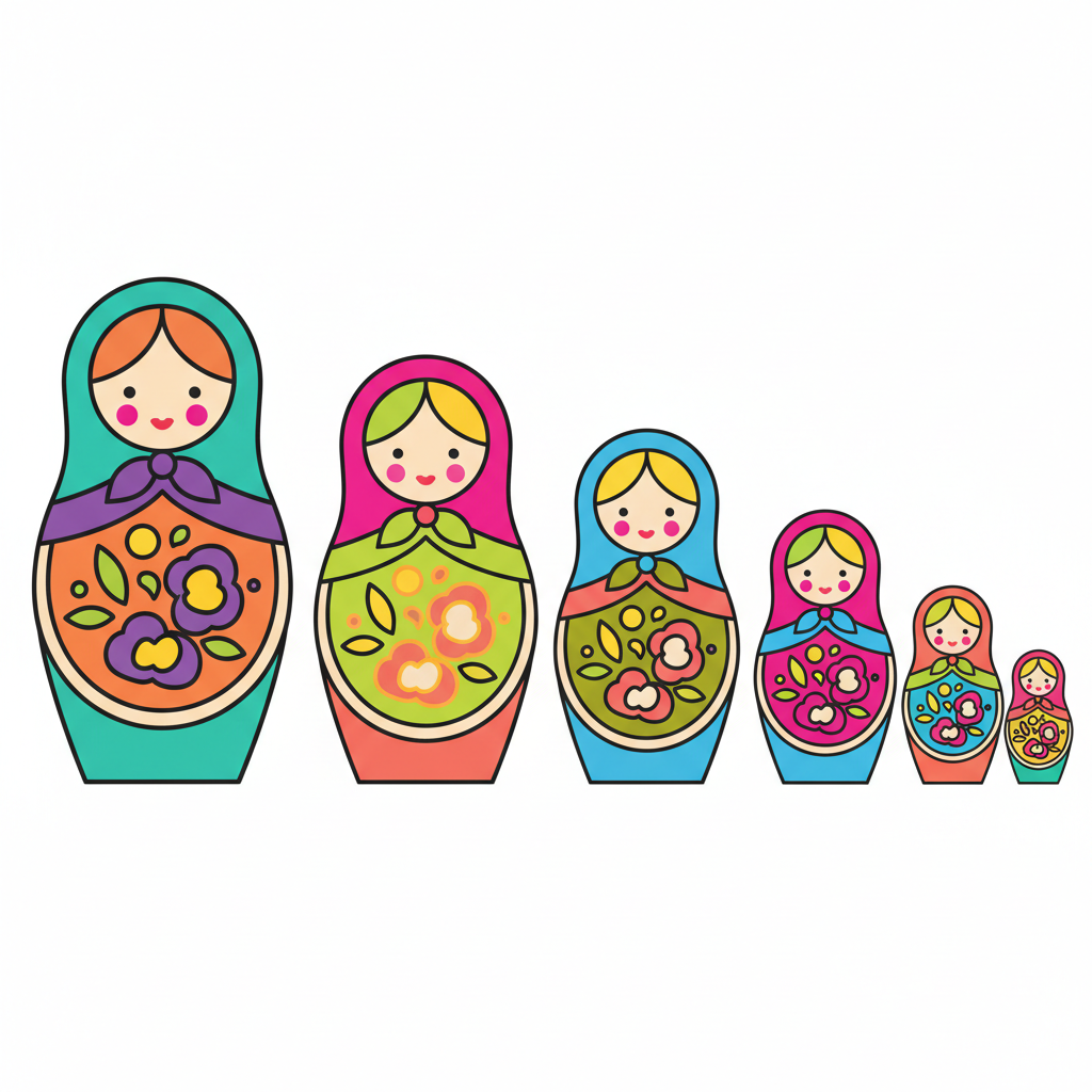 Set of colorful Matryoshka dolls standing in a row, white background, modern vector style