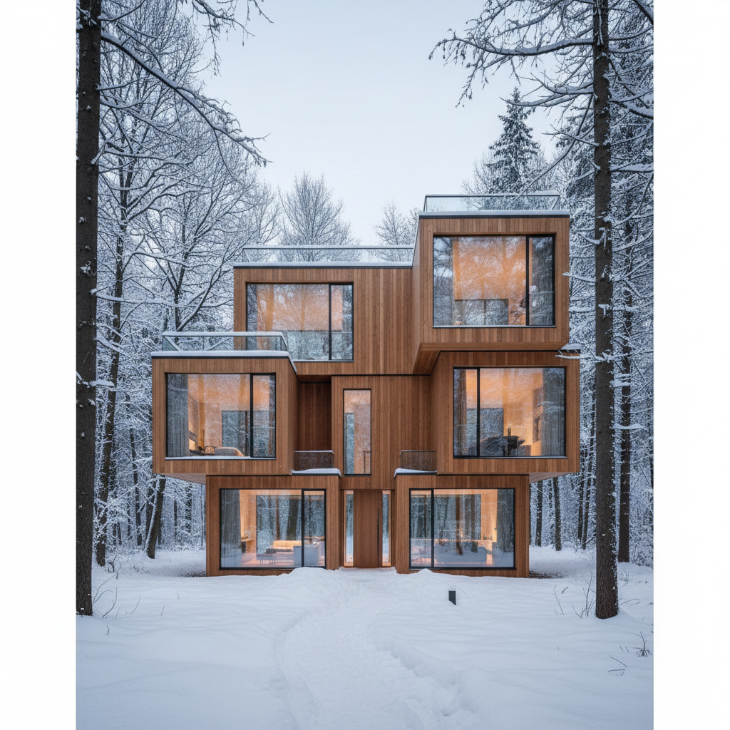 A modern modular wooden house in a winter forest setting, clean lines, architectural photography style, 8k